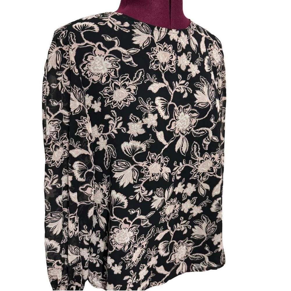 SANCTUARY Floral Blouse LARGE Black Pink Sheer Sleeve Top NWT